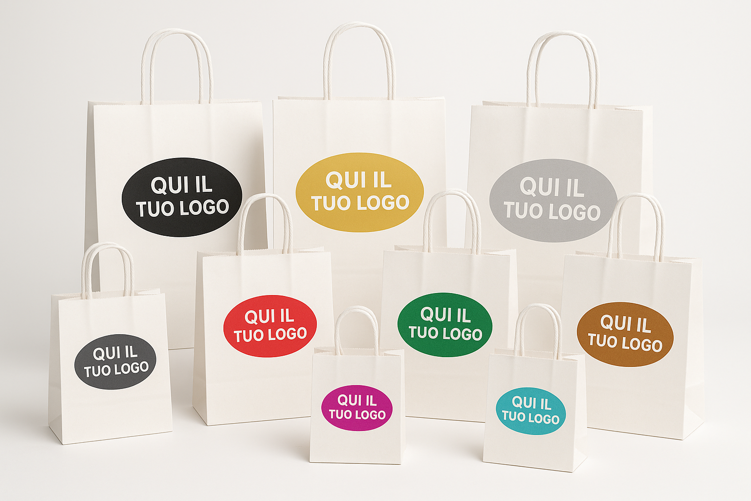 adesso generami una bella foto con ben 9 shopper di carta Kraft Bianca, con tutte il cordino bianco di cotone alzato, e falle tutte diverse misura e su ognuna di esse metti al cento un cerchio ovale orizzontale con dentro scritto QUI IL TUO LOGO, ora ti dico 9 colori e devi distribuirli su di essi , NERO 
ORO #c2a300
ARGENTO #c2c2c2
CANNA DI FUCILE #343d42
ROSSO ff3131
VERDE #018445
RAME #a66a31
FUCSIA #c4378d
CELESTE #33bfc4
BRONZO #ab5f15
BLU #1800ad
 questi sono i colori, 