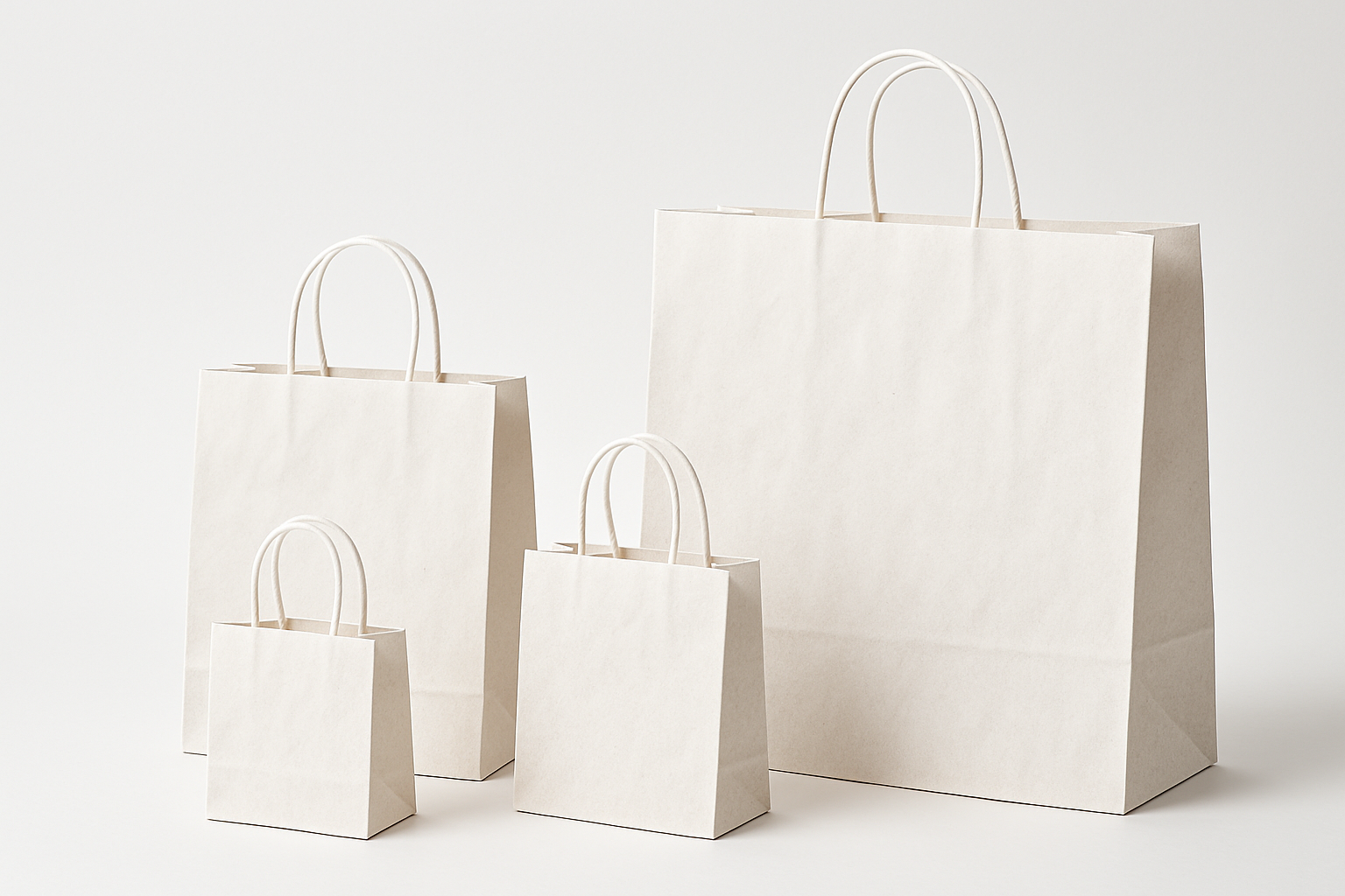 generami 4 shopper in carta kraft bianca di diverse misure tra di loro con cordino sottile di cotone bianco, non di lusso mi raccomando kraft, ti raccomando la foto professionale