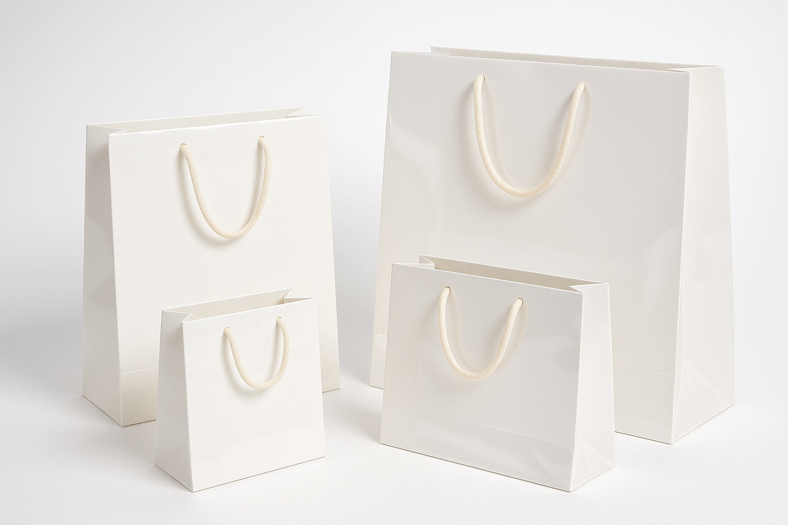 mi generi 4 shopper in carta di lusso bianche lucide di diverse misure tra di loro tutte con cordino di cotone , ti raccomando professionale