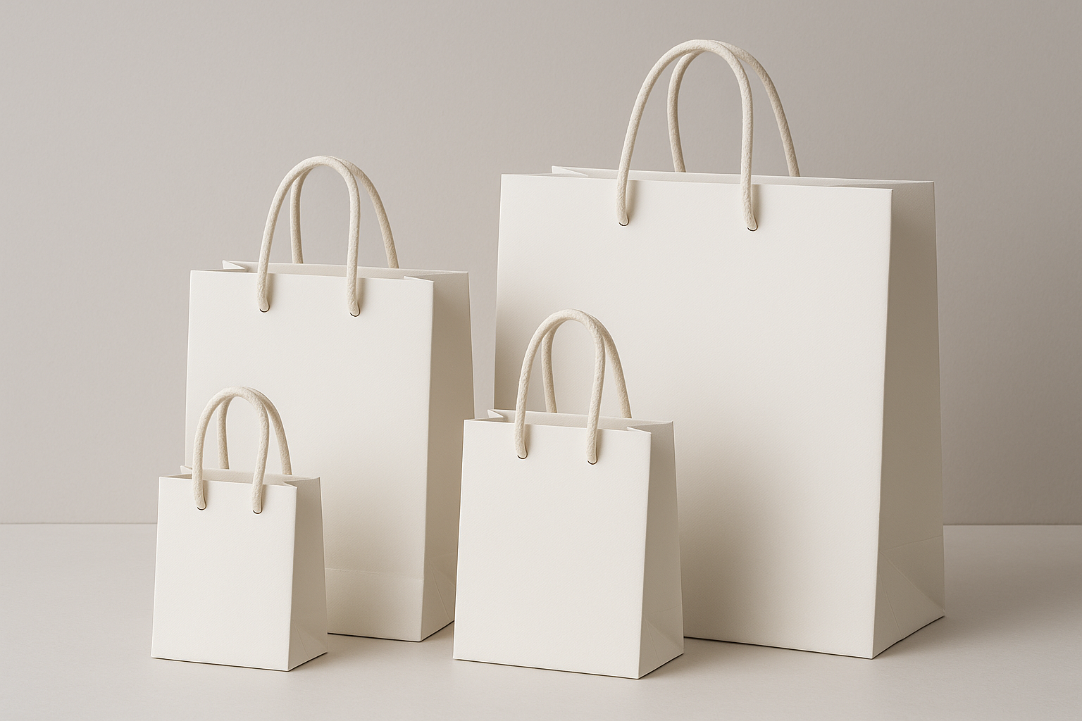 mi generi 4 shopper in carta di lusso bianche opache di diverse misure tra di loro tutte con cordino di cotone , ti raccomando professionale