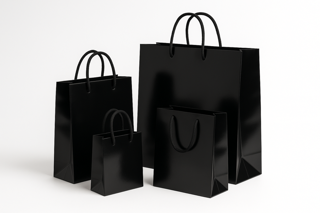mi generi 4 shopper in carta di lusso nere lucide di diverse misure tra di loro, con cordino in cotone nero, rendi il tutto professionale