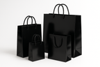 mi generi 4 shopper in carta di lusso nere lucide di diverse misure tra di loro, con cordino in cotone nero, rendi il tutto professionale