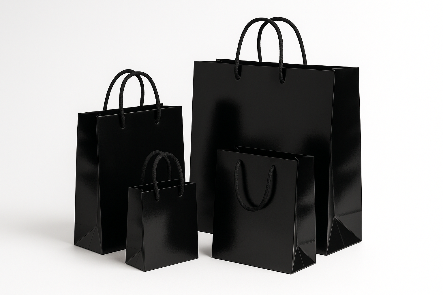 mi generi 4 shopper in carta di lusso nere lucide di diverse misure tra di loro, con cordino in cotone nero, rendi il tutto professionale