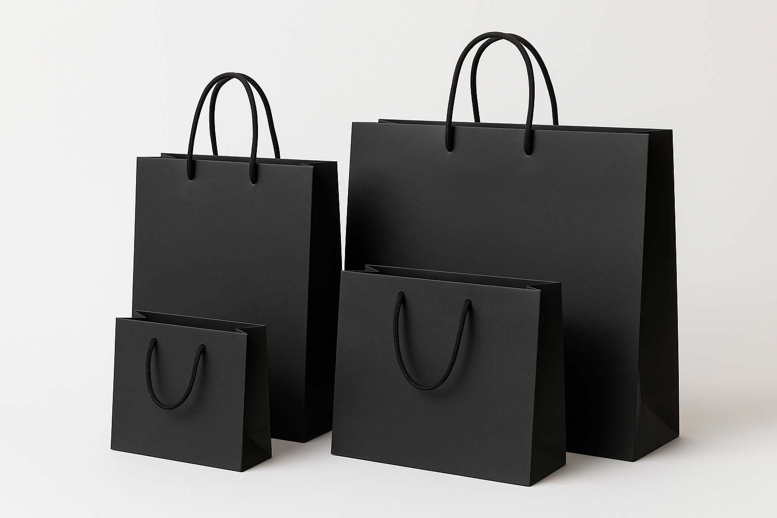 mi generi 4 shopper in carta di lusso nere opache di diverse misure tra di loro, con cordino in cotone nero, rendi il tutto professionale