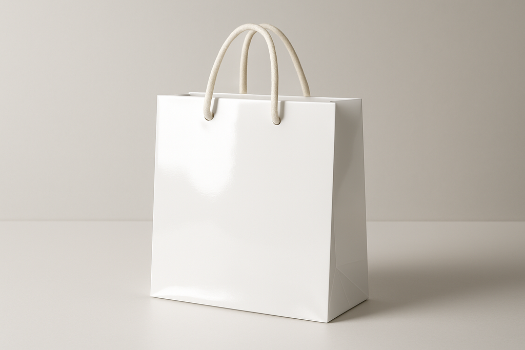 mi generi una shopper in carta di lusso bianca lucida con cordino in cotone verso l'alto, molto professionale 