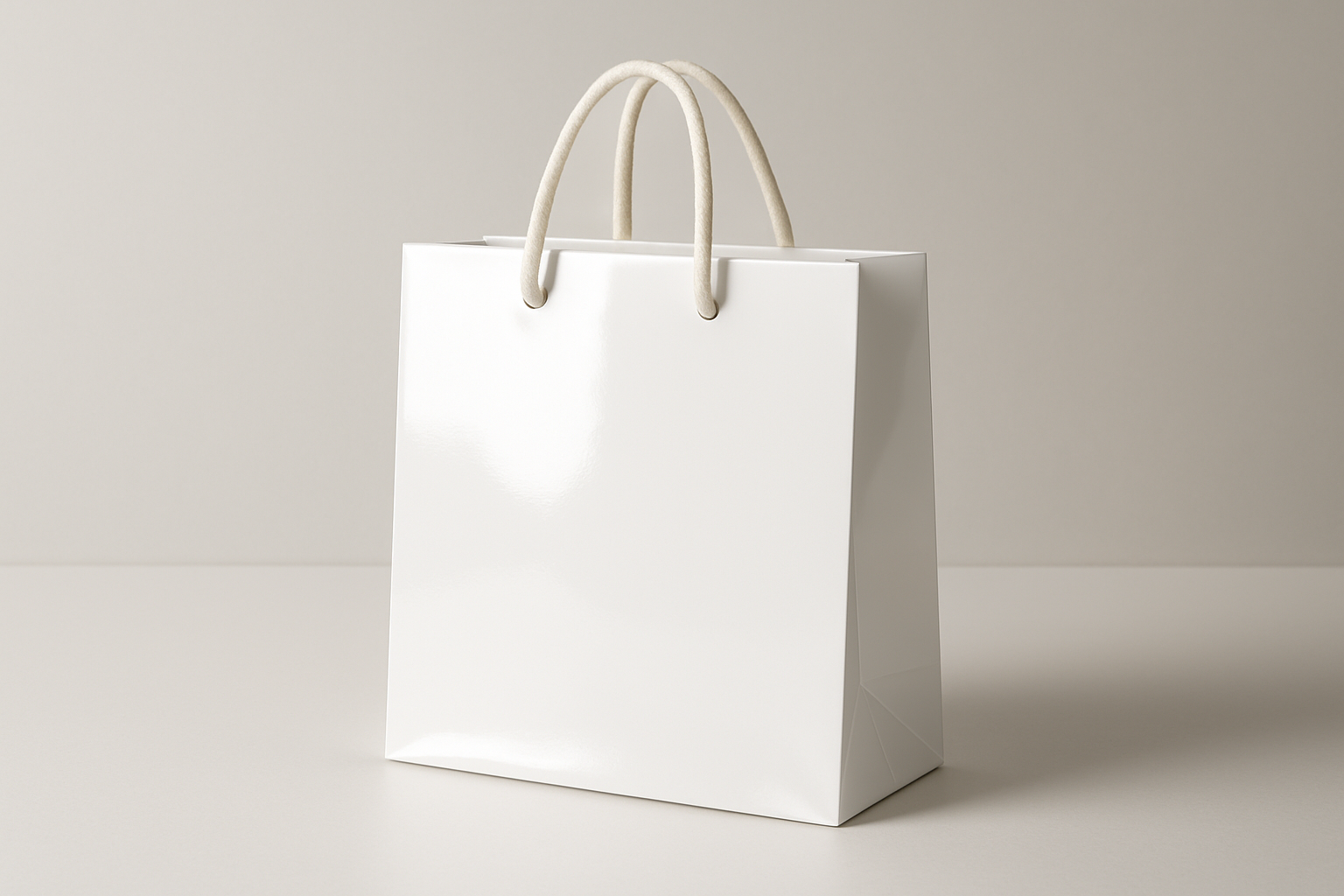mi generi una shopper in carta di lusso bianca lucida con cordino in cotone verso l'alto, molto professionale 