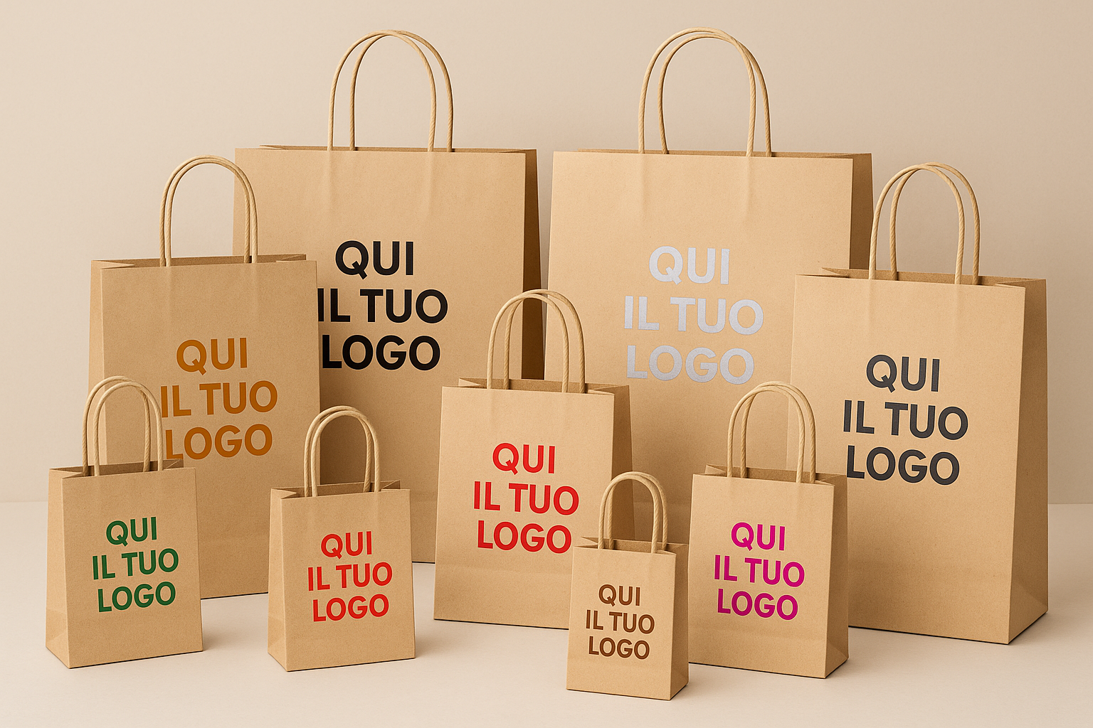 mi serve che mi genere 9 shopper in carta kraft beige con misure diverse tra di loro, con cordino sottile in cotone beige alzato, su ognuna scrivi QUI IL TUO LOGO, ognuno di un colore in base a questi NERO 
ORO #c2a300
ARGENTO #c2c2c2
CANNA DI FUCILE #343d42
ROSSO ff3131
VERDE #018445
RAME #a66a31
FUCSIA #c4378d
CELESTE #33bfc4
BRONZO #ab5f15
BLU #1800ad
